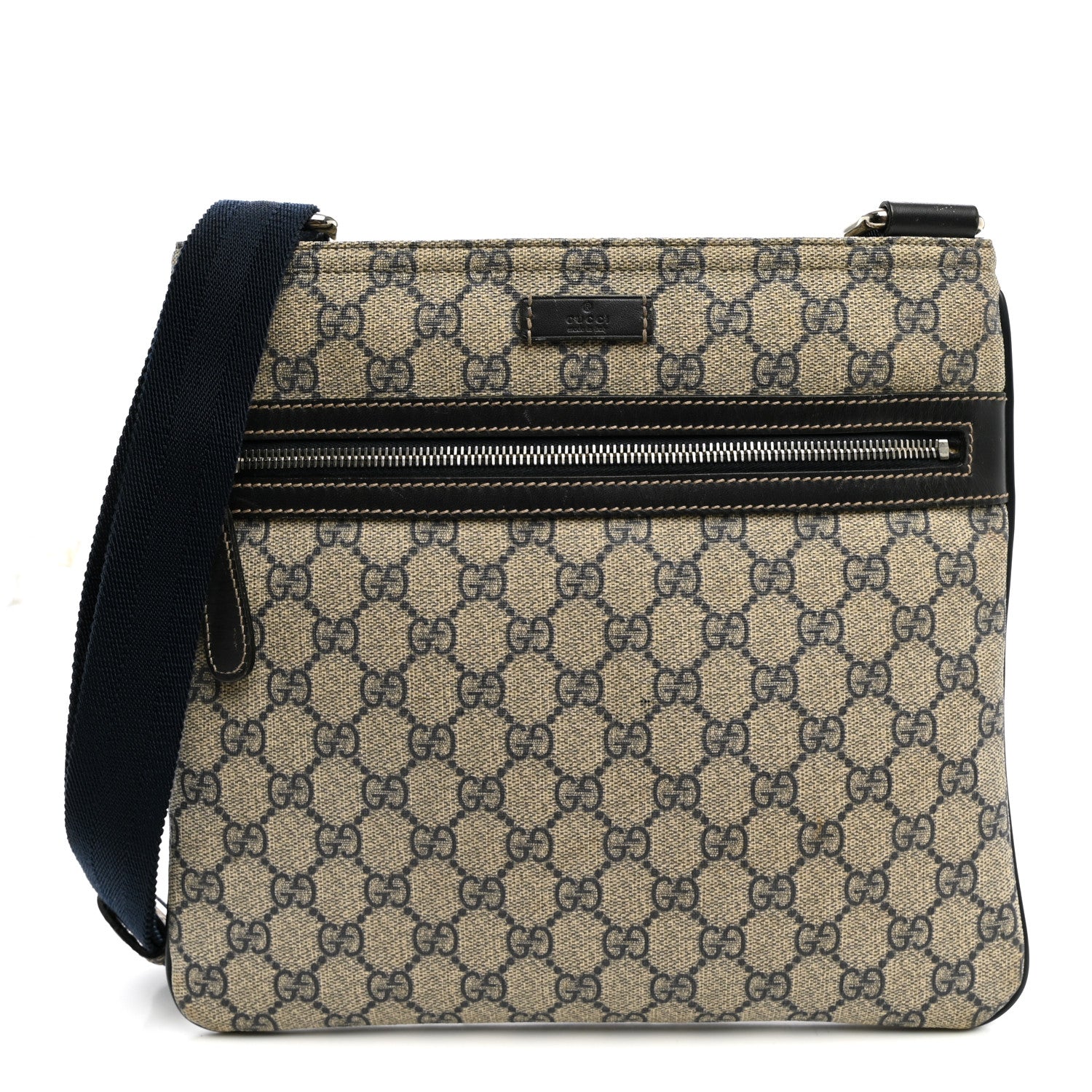 Gucci GG Supreme Monogram Small Flat Side Zip Messenger Bag Beige Blue 1 of 10