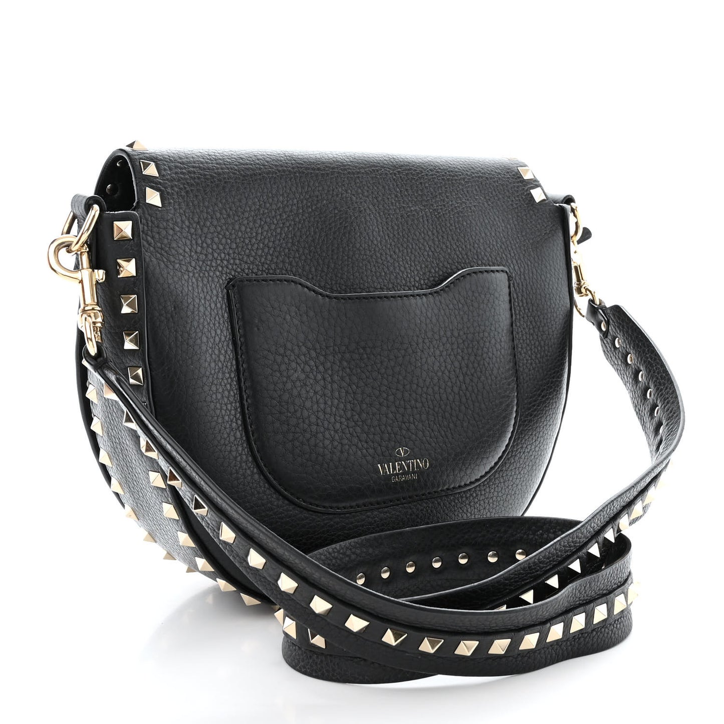 Grained Calfskin Rockstud Saddle Bag Black