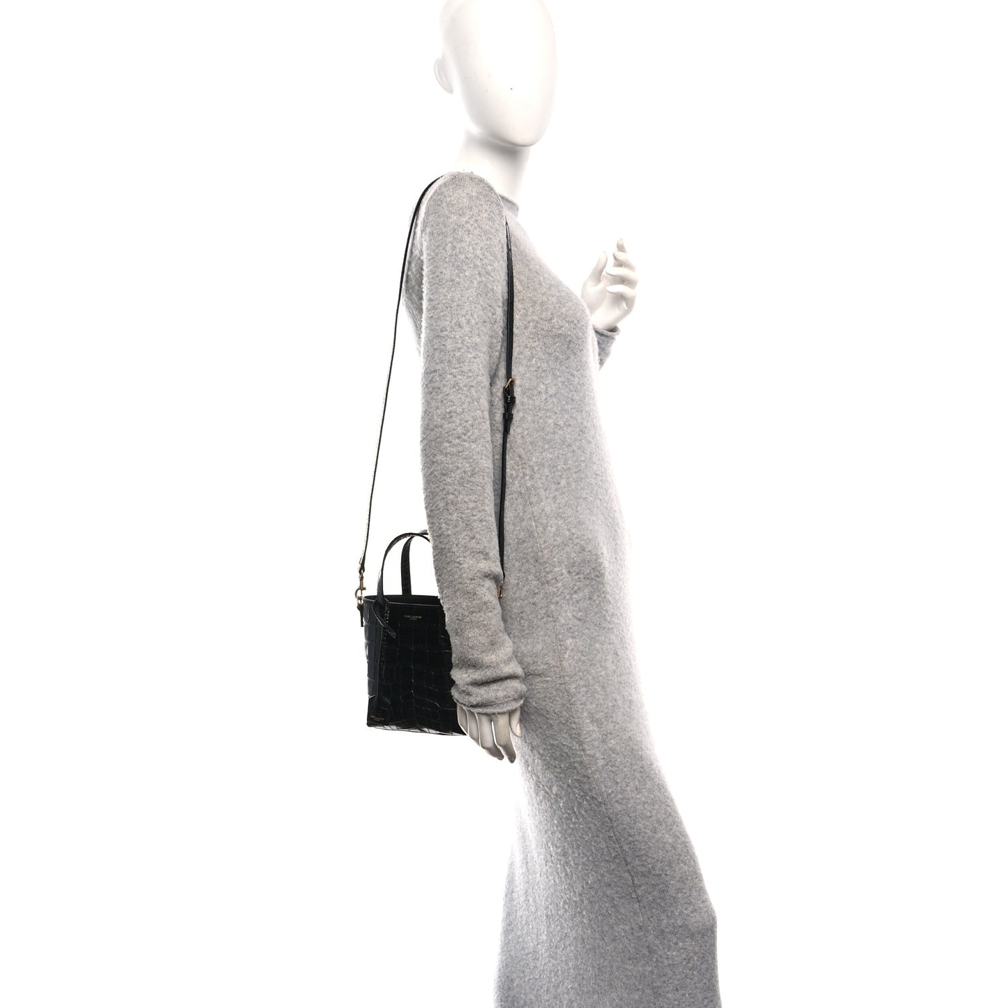 Calfskin Crocodile Embossed Paris Mini Toy Shopper Tote Black
