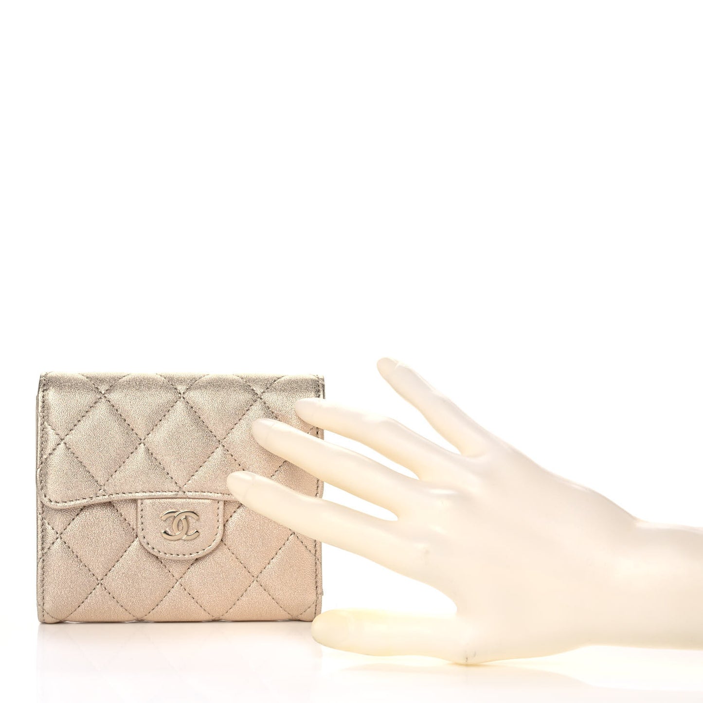 Metallic Lambskin Quilted Compact Flap Wallet Gold