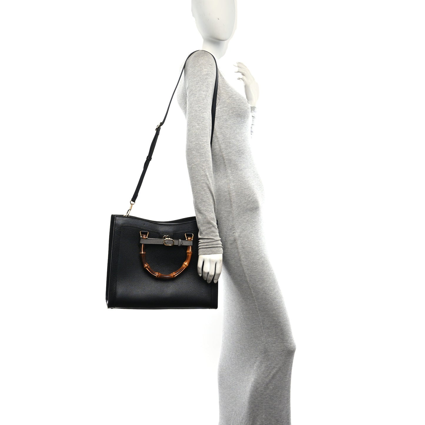 Textured Dollar Calfskin Web Medium Diana Tote Bag Black Dusty Grey