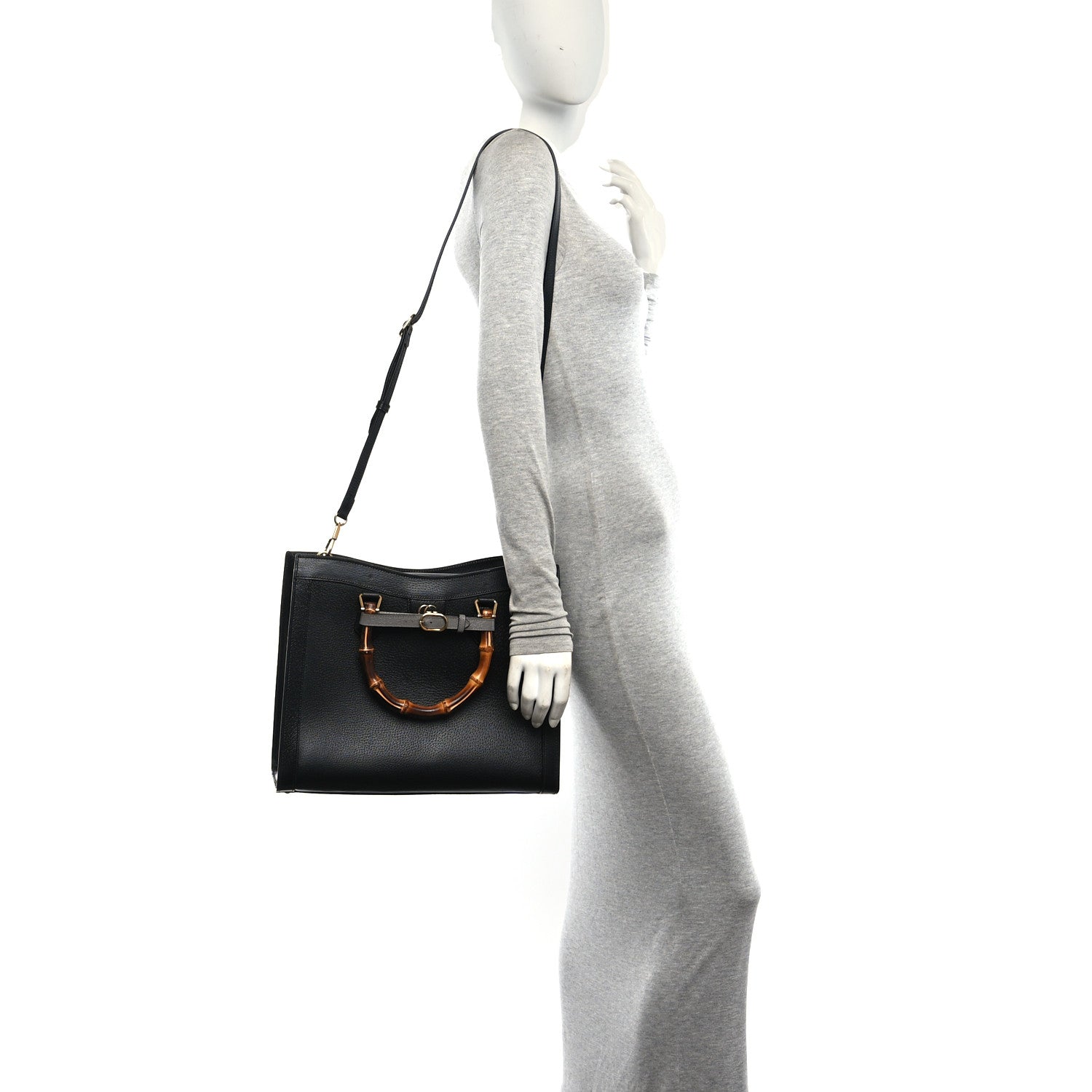 Gucci Textured Dollar Calfskin Web Medium Diana Tote Bag Black Dusty Grey 2 of 10