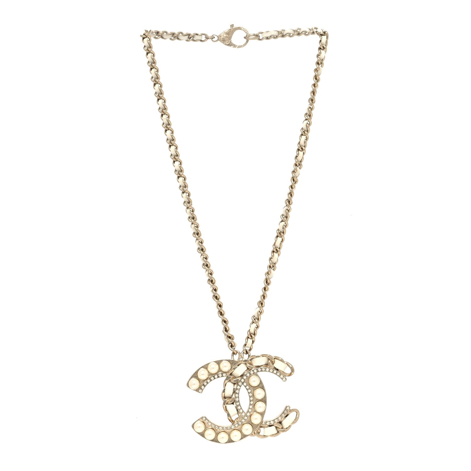 Chanel Pearl Crystal Lambskin Chain CC Necklace White Gold 3 of 5