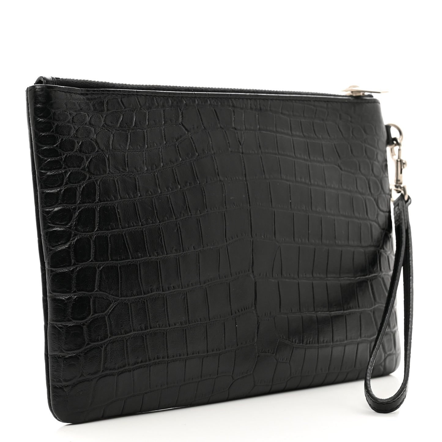 Calfskin Crocodile Embossed Monogram Zip Pouch Black