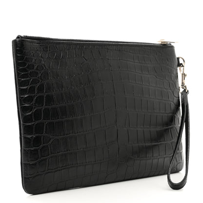 Saint Laurent Calfskin Crocodile Embossed Monogram Zip Pouch Black 3 of 7