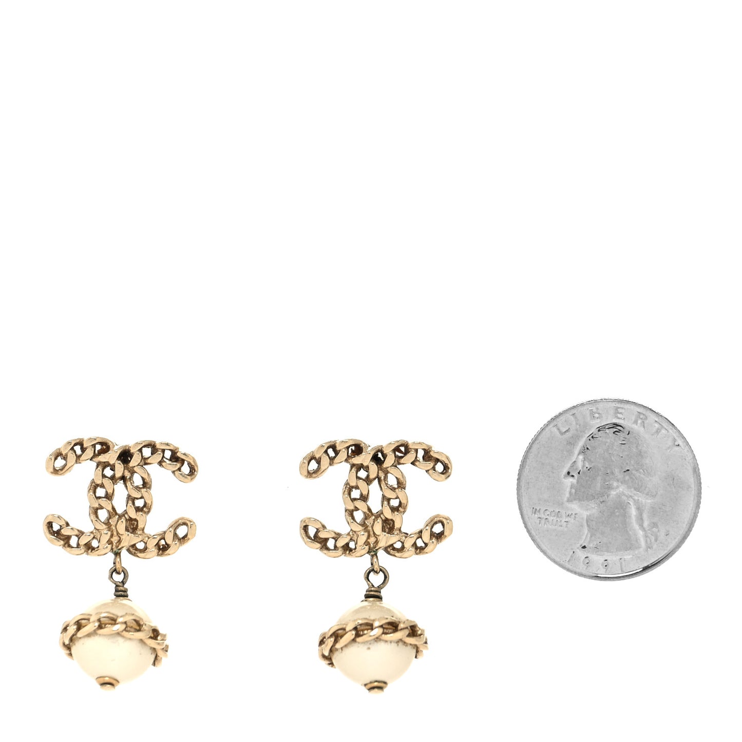 Metal Pearl CC Chain Drop Earrings Gold