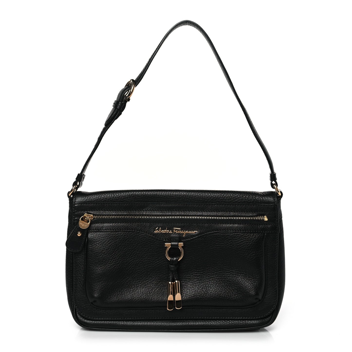 Grained Calfskin Gancio Shoulder Bag Black
