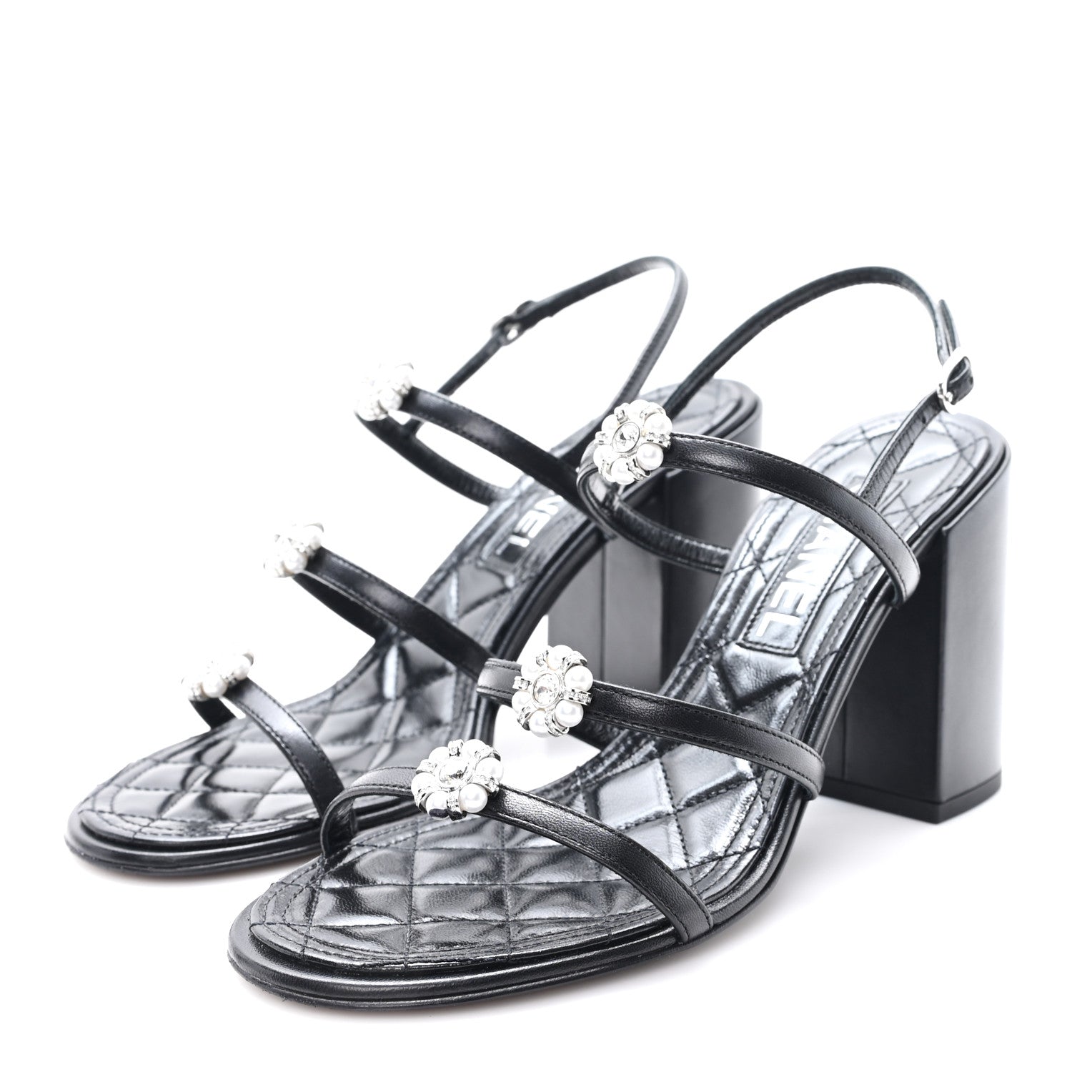 Chanel Laminated Lambskin Pearl CC Sandals 37.5 Black 1802544