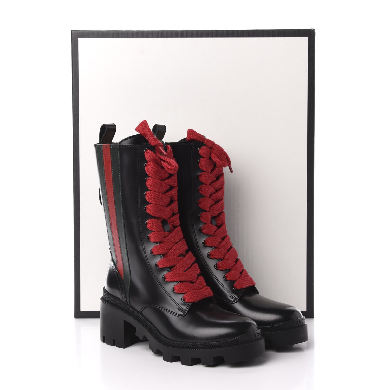 Gucci Magnum Calfskin Cirano Lux Web Lace Up Tall Combat Boots 35 Black Verde Hibiscus Red 10 of 10