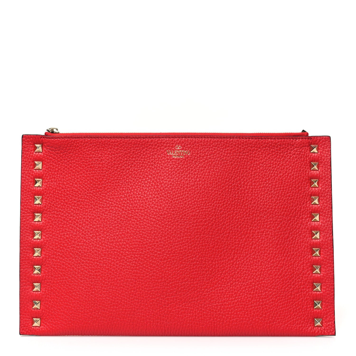 Valentino Garavani Pebbled Calfskin Large Rockstud Flat Zip Pouch Rouge Pur 1 of 7