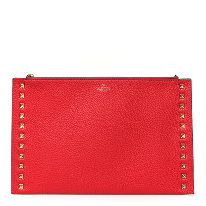 Valentino Garavani Pebbled Calfskin Large Rockstud Flat Zip Pouch Rouge Pur 1 of 7