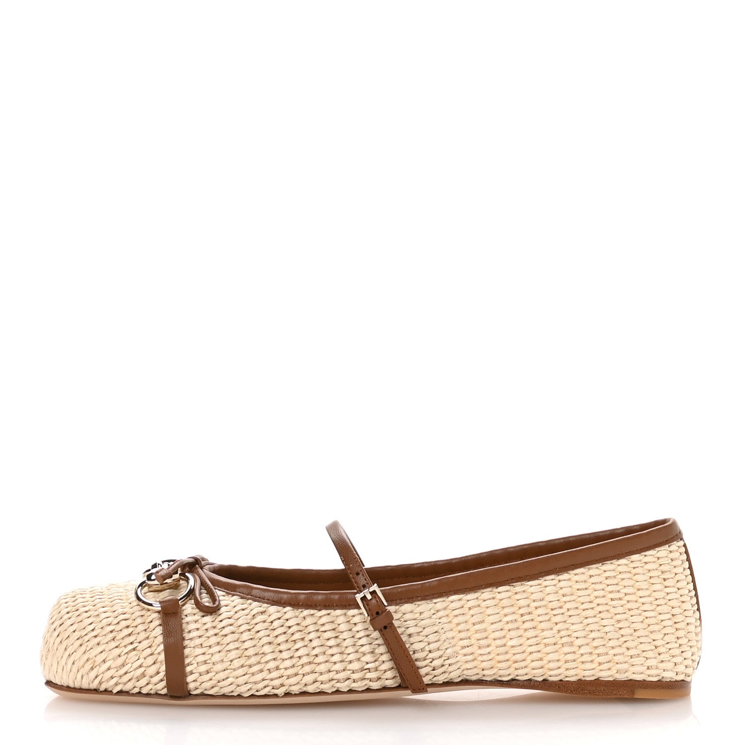 Gucci Raffia Nappa Horsebit Ballerina Flats 38.5 Natural Sundial 1 of 9