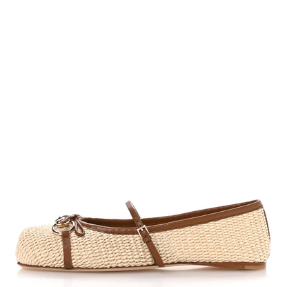 Gucci Raffia Nappa Horsebit Ballerina Flats 38.5 Natural Sundial 1 of 9