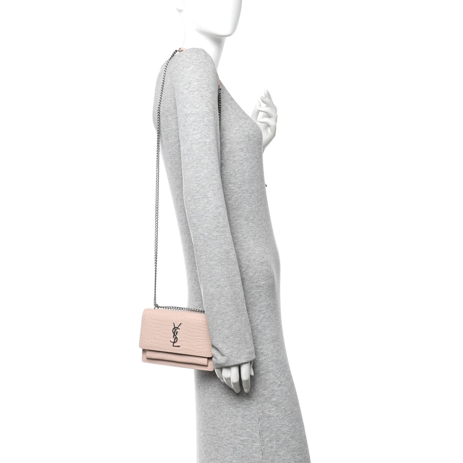 Saint Laurent Calfskin Crocodile Embossed Monogram Sunset Chain Wallet Marble Pink 2 of 9
