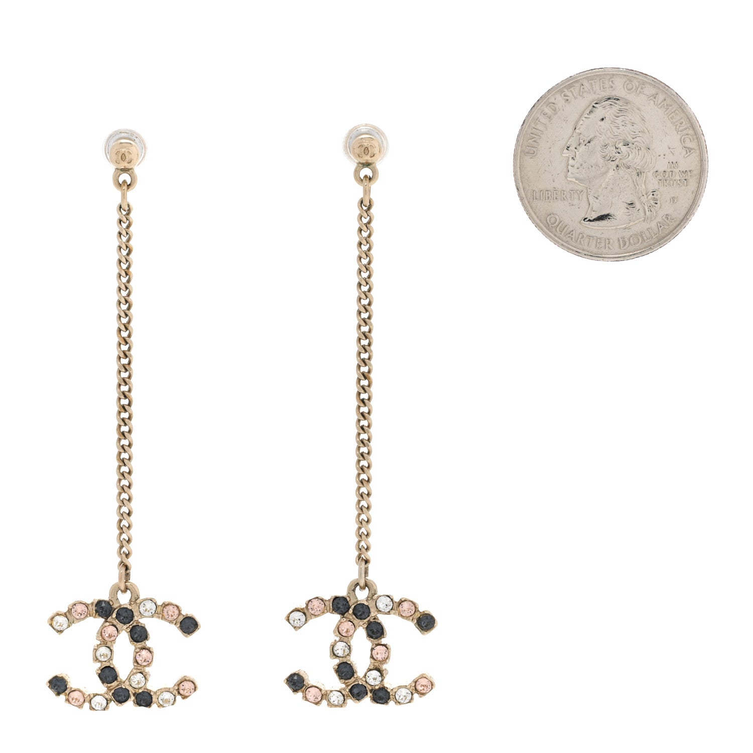 Chanel Crystal CC Drop Earrings Pink Grey Gold 2 of 5