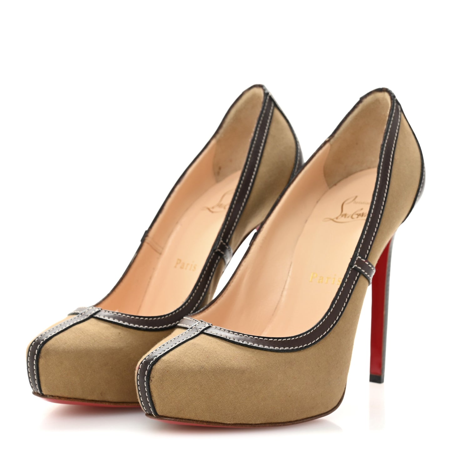 Canvas Calfskin Pumps 37 Beige Brown