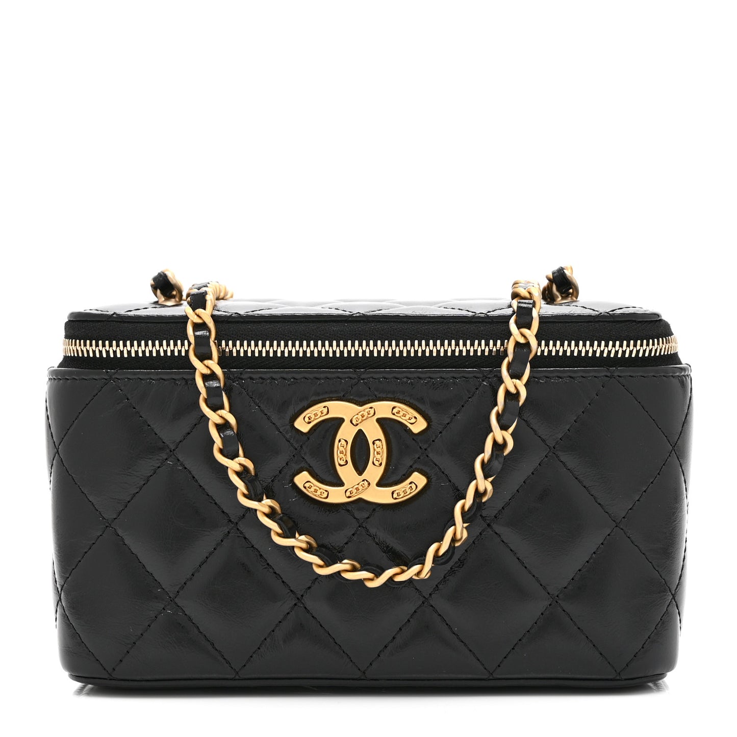 Shiny Lambskin Quilted Small Vanity Case With Chain Black