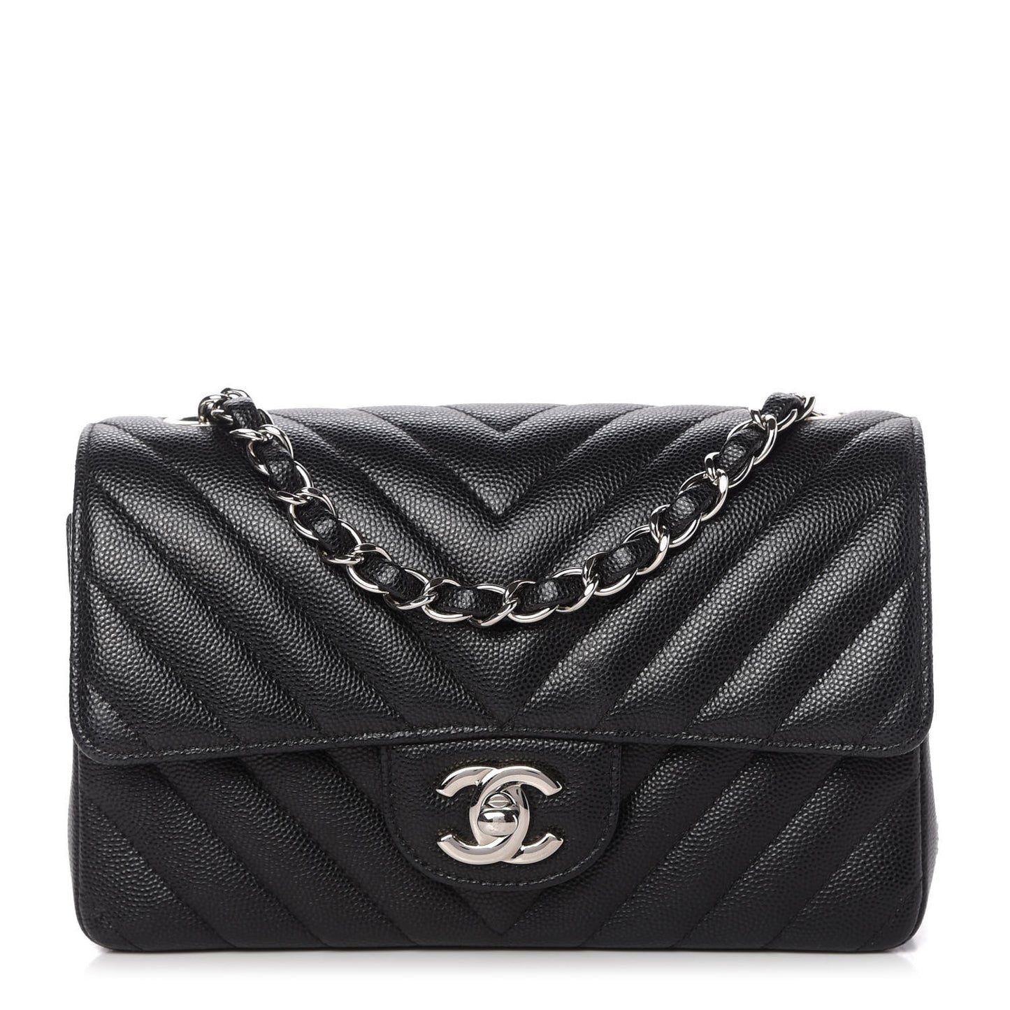 Caviar Chevron Quilted Mini Rectangular Flap Black