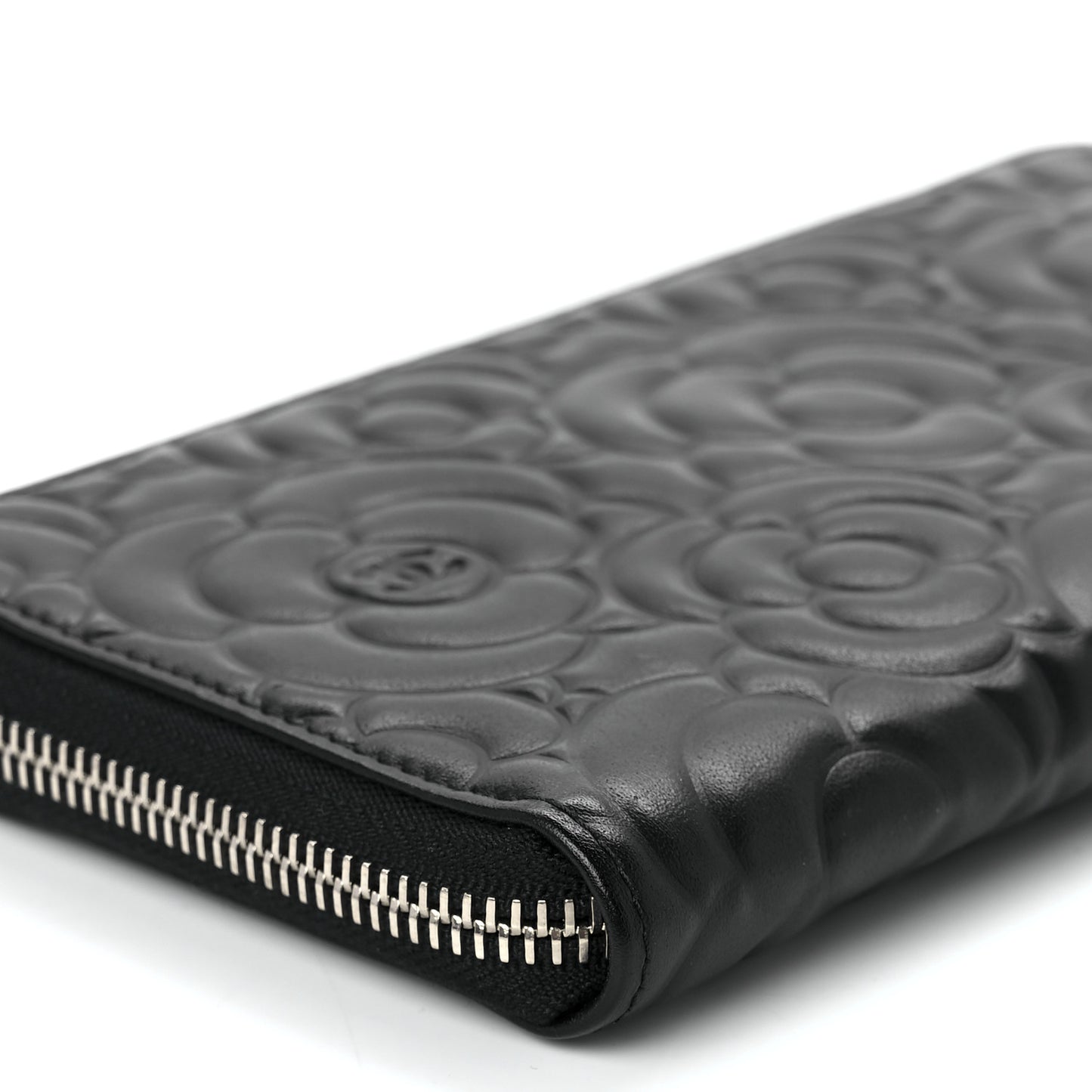 Lambskin Camellia Embossed Large Zip Around Gusset Wallet Black