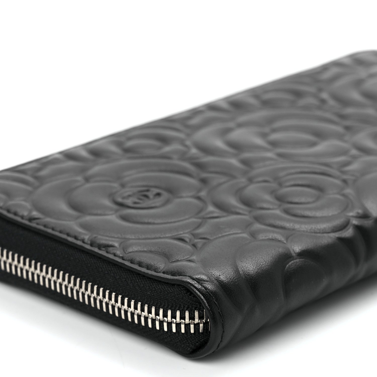 Chanel Lambskin Camellia Embossed Large Zip Around Gusset Wallet Black 10 of 11