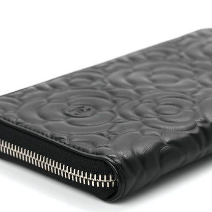 Chanel Lambskin Camellia Embossed Large Zip Around Gusset Wallet Black 10 of 11