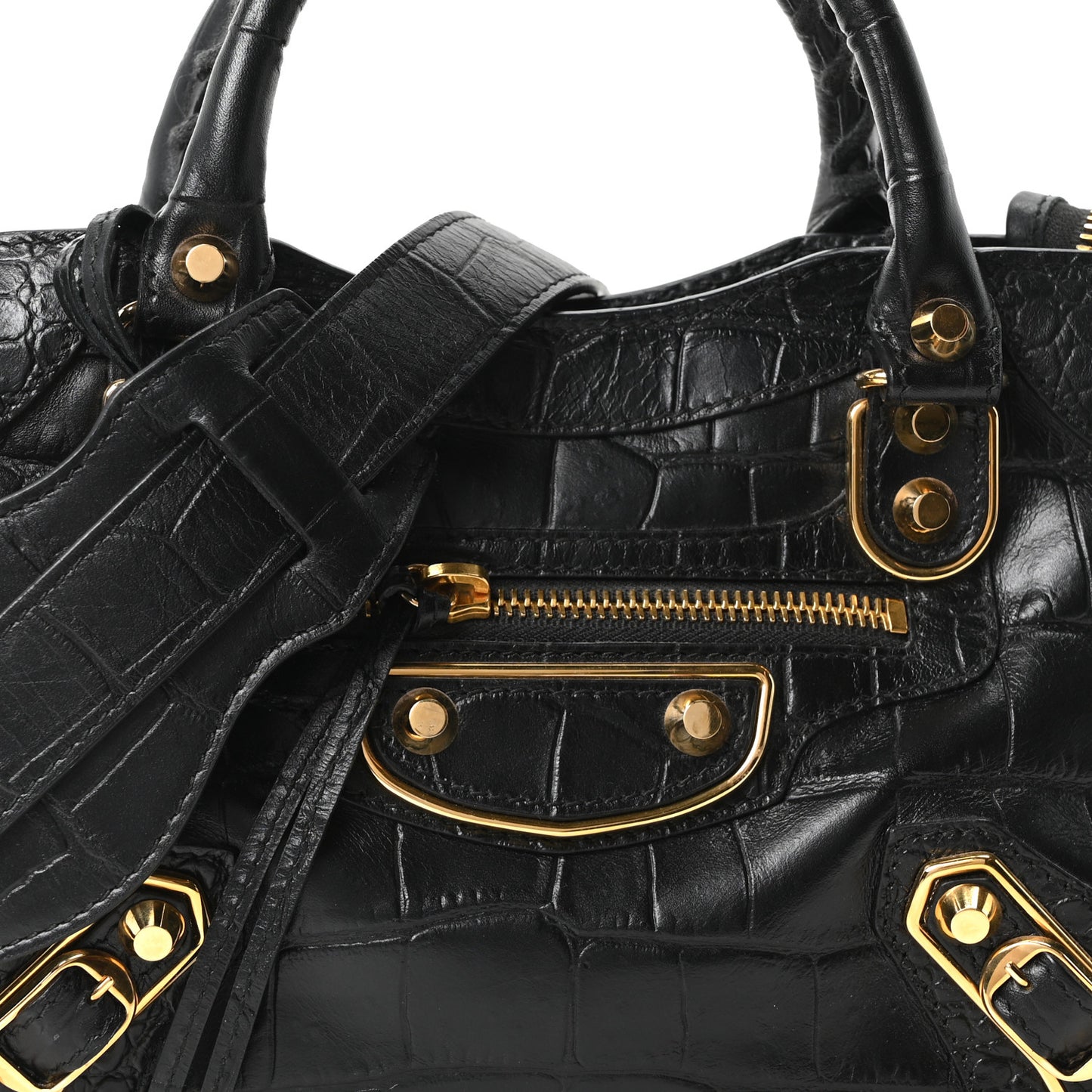 Calfskin Crocodile Embossed Gold Metallic Edge Hardware Mini City Black