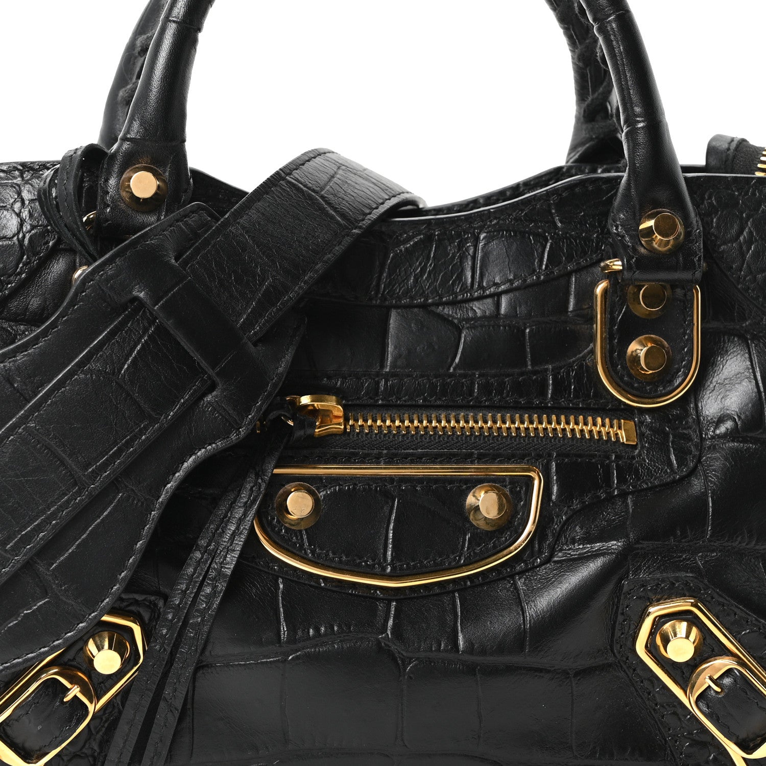Balenciaga Calfskin Crocodile Embossed Gold Metallic Edge Hardware Mini City Black 8 of 10