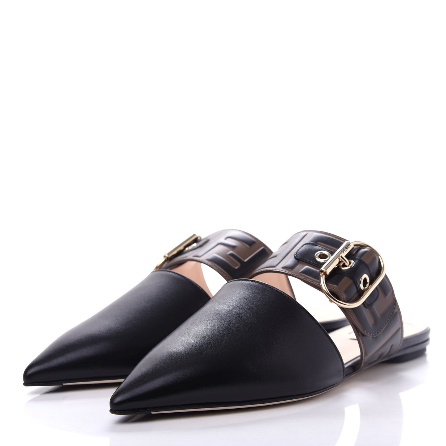 Vitello FF Embossed Buckle Flat Mules 37 Maya Black