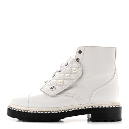 Chanel Crackled Calfskin Pearl Chain CC Combat Short Boots 38.5 White 1 of 11