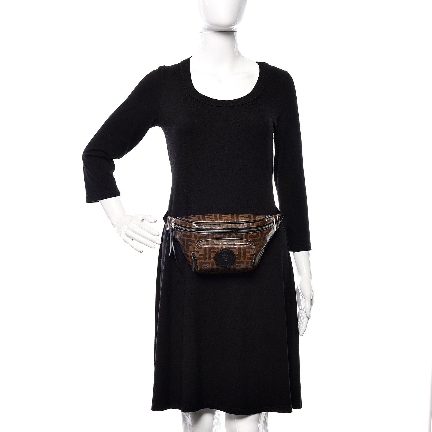 Fendi Glazed Fabric Vitello Century FF 1974 Stamp Patch Pocket Belt Bag Mogano Panna Black 2 of 10