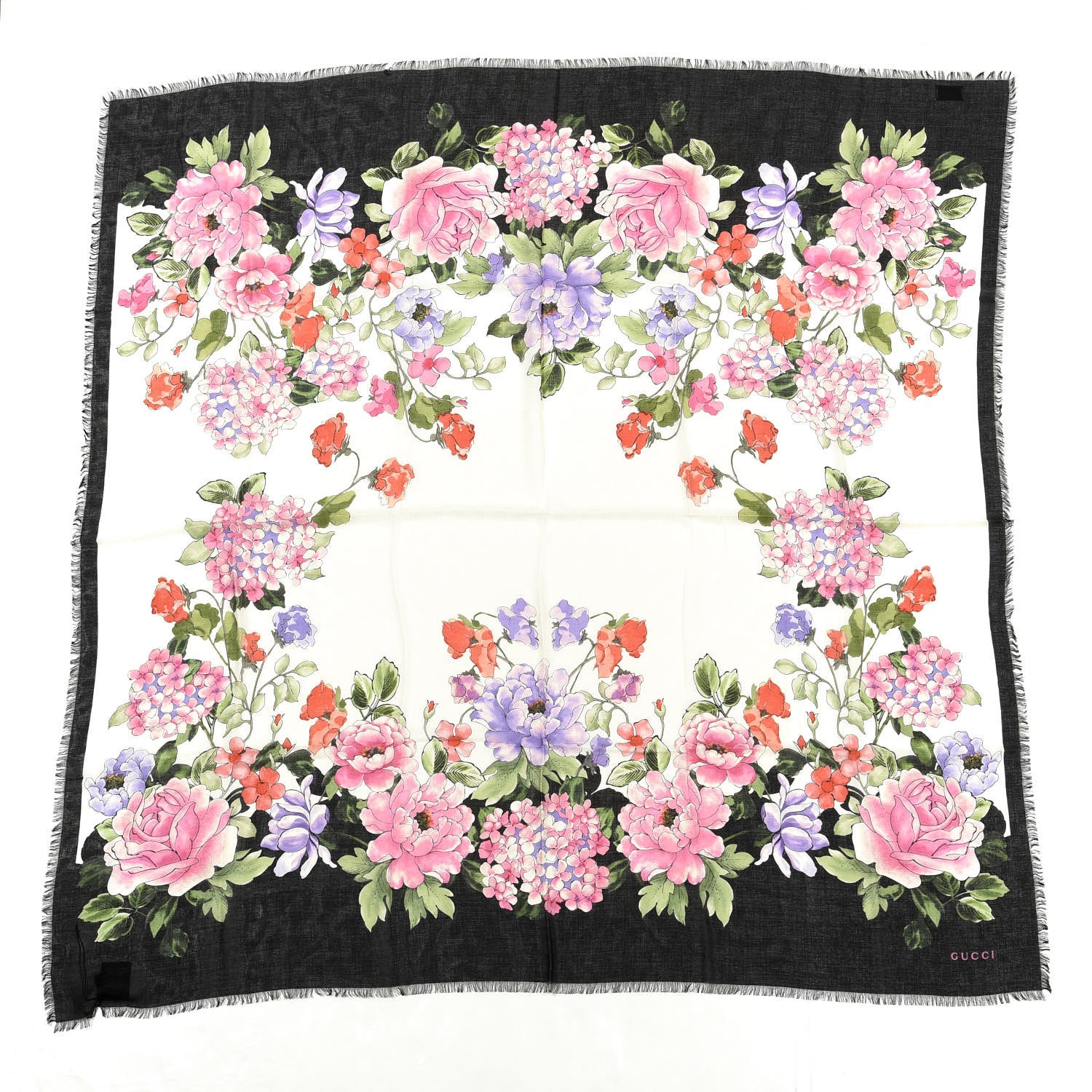 Gucci Modal Silk Rising Flowers Square Scarf Ivory Black 1 of 4
