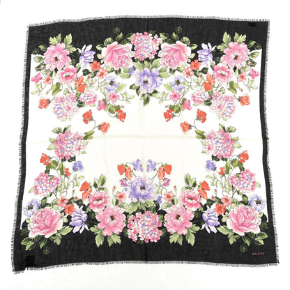 Gucci Modal Silk Rising Flowers Square Scarf Ivory Black 1 of 4