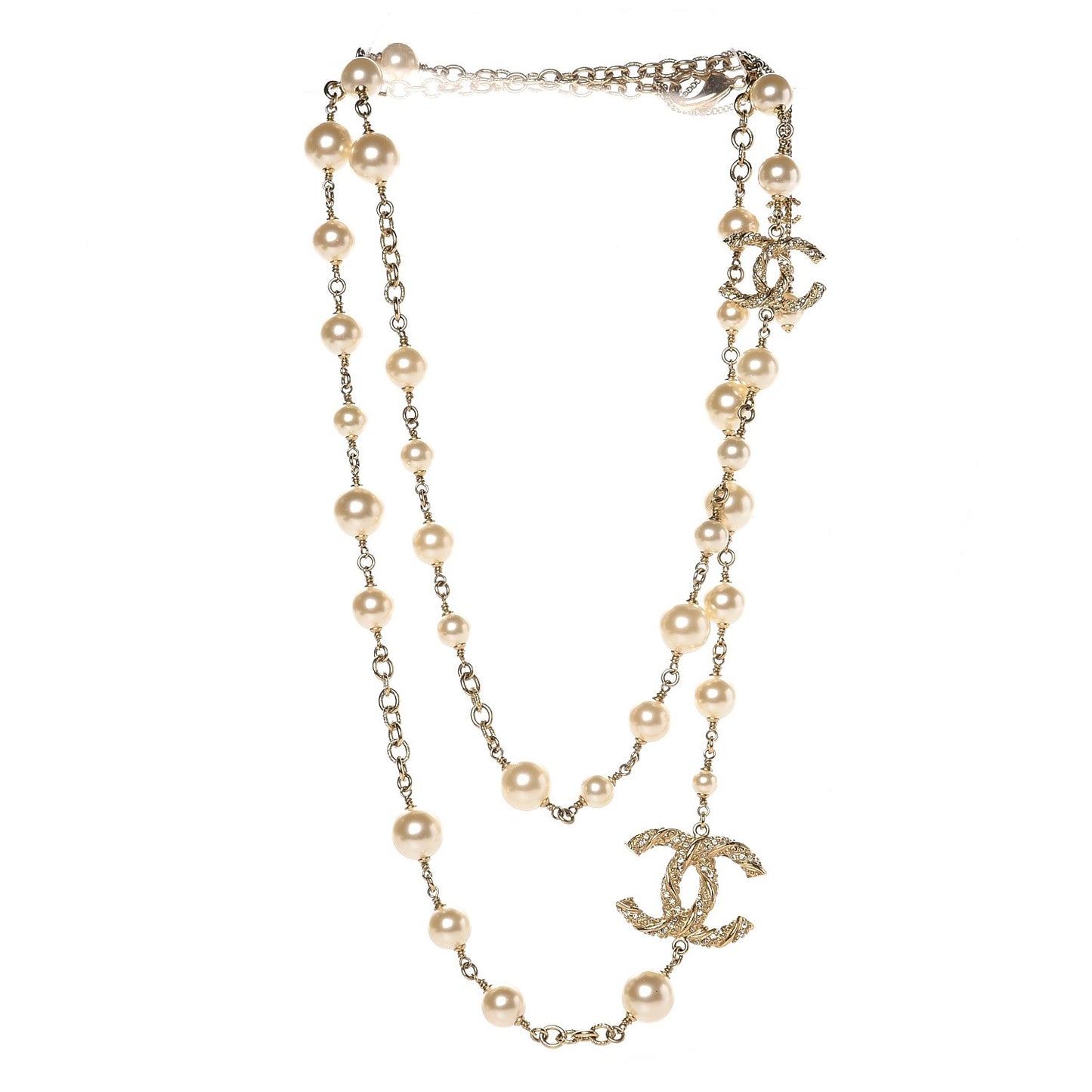 Graduated Pearl Crystal Twisted CC Long Necklace Gold