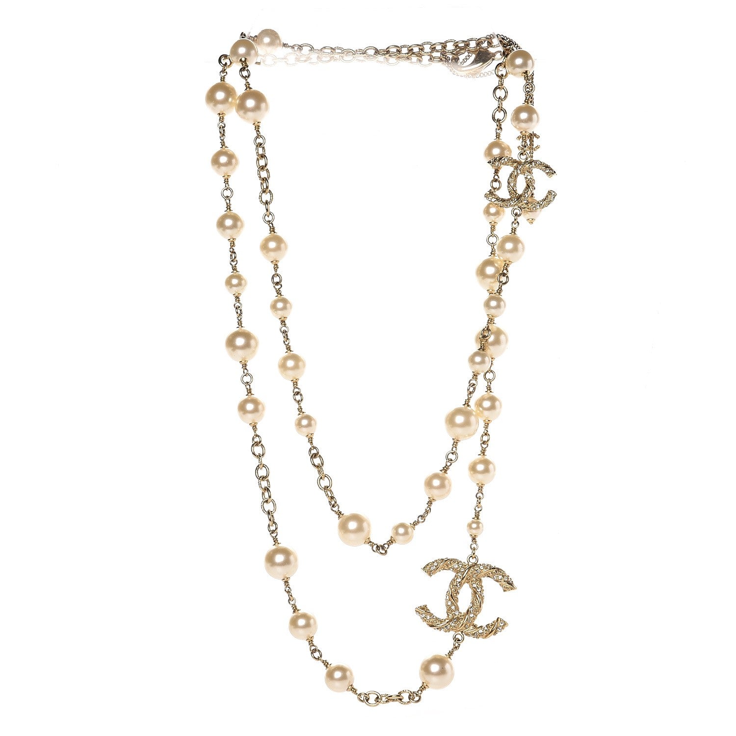 Chanel Graduated Pearl Crystal Twisted CC Long Necklace Gold 3 of 5