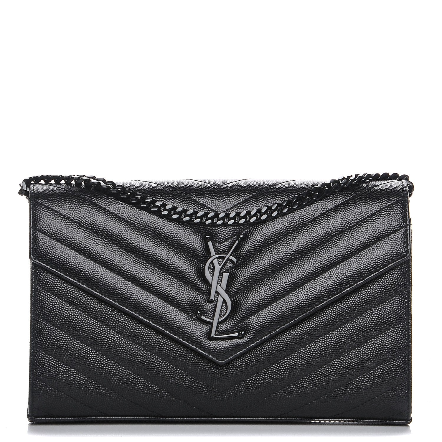 Saint Laurent Grain De Poudre Matelasse Chevron Monogram Chain Wallet Black 1 of 9