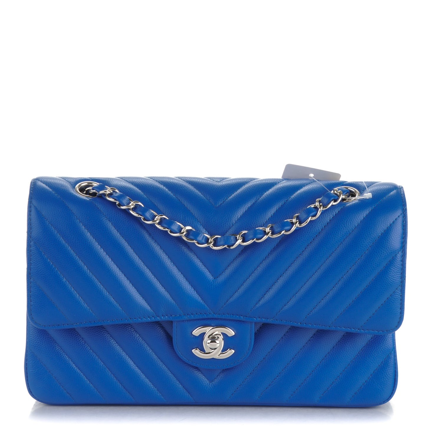 Caviar Chevron Quilted Medium Double Flap Bright Blue