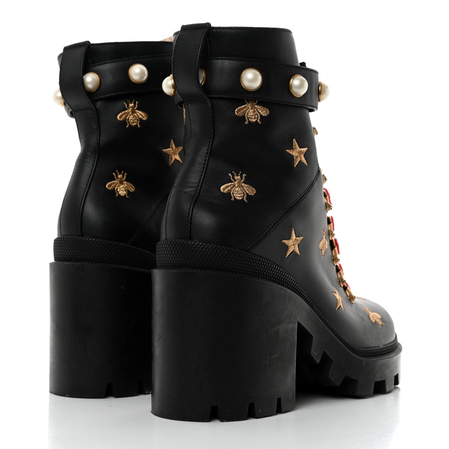 Calfskin Embroidered Lace Up Combat Ankle Boots 40.5 Black