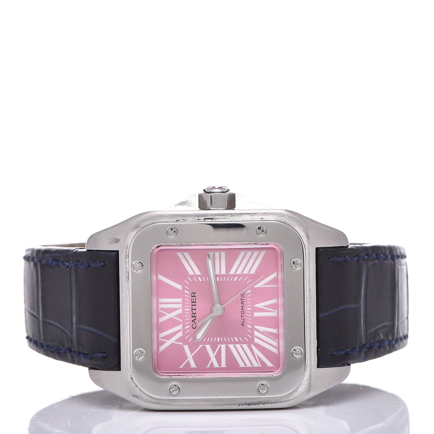 Cartier Stainless Steel Alligator 33mm Santos 100 Automatic Watch Pink 3 of 10