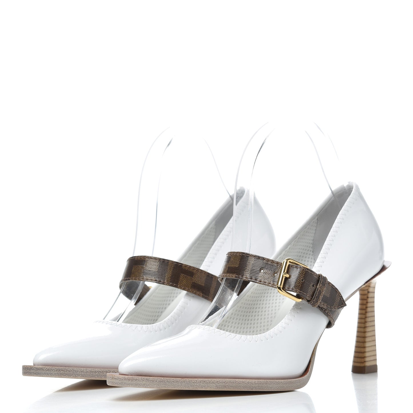 Glossy Neoprene Glazed Fabric FF FFrame Court Mary Jane Pumps 37.5 White Tobacco Moro