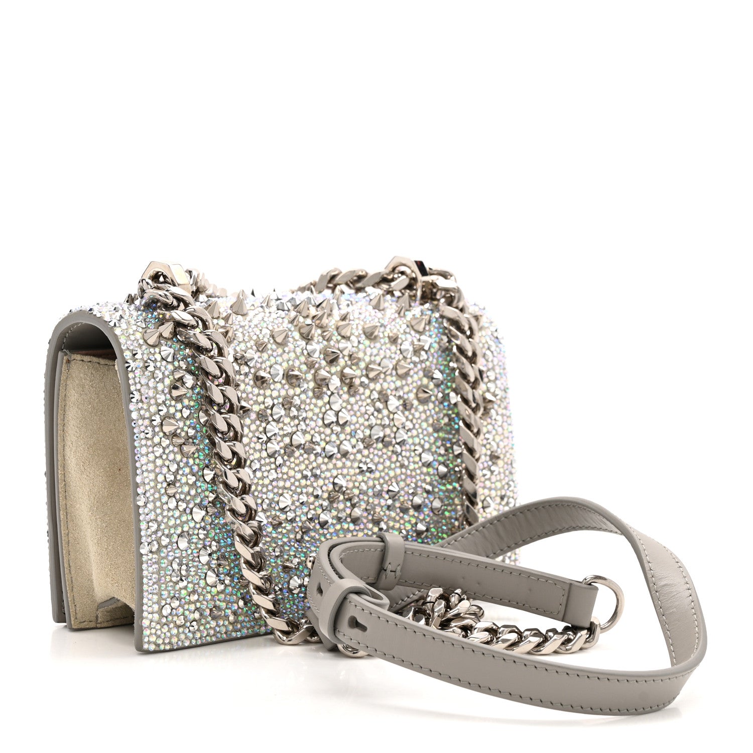 Alexander McQueen Suede Calfskin Crystal Studded Mini Jeweled Knuckle Satchel Silver 3 of 13