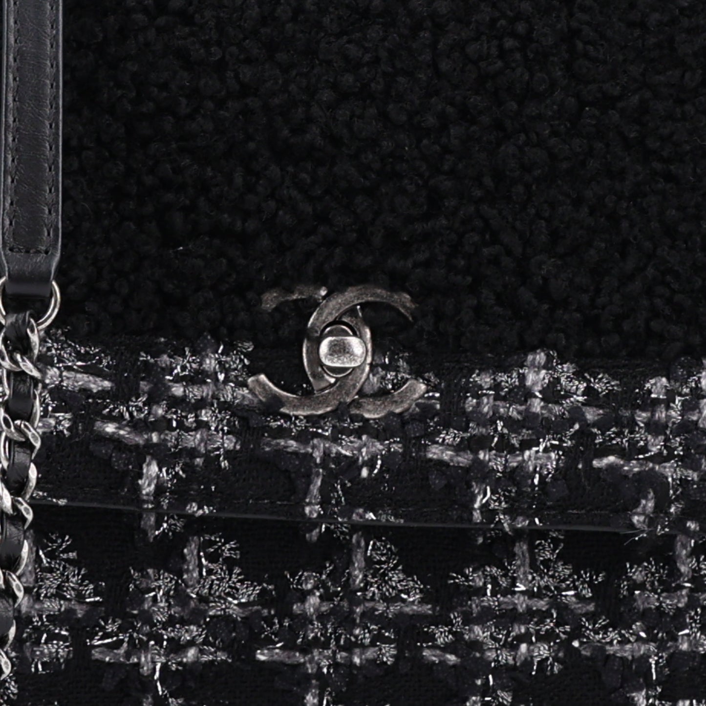 Shearling Tweed Medium Handle Boy Flap Black Grey