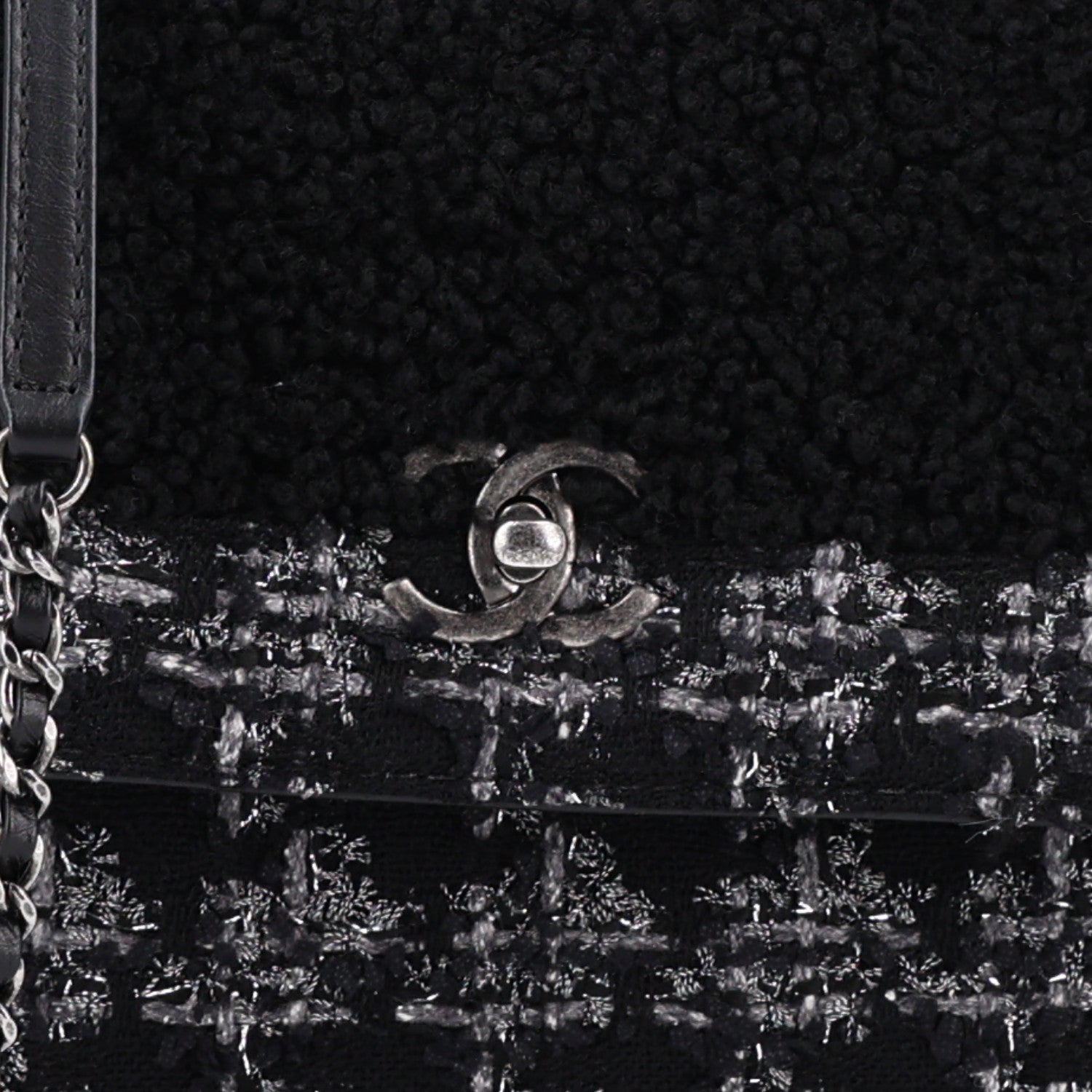 Chanel Shearling Tweed Medium Handle Boy Flap Black Grey 8 of 10