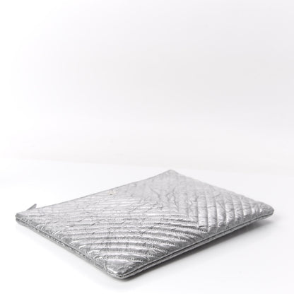 Chanel Metallic Crumpled Calfskin Chevron Quilted Large Cosmetic Case Silver 3 of 8