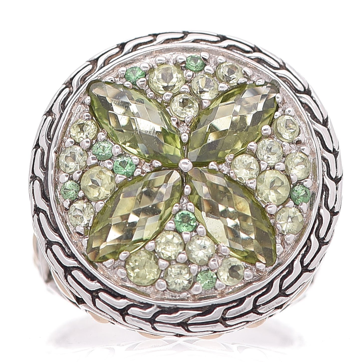 Sterling Silver 18K Yellow Gold Peridot Tsavorite Batu Kawung Ring 51.9 6