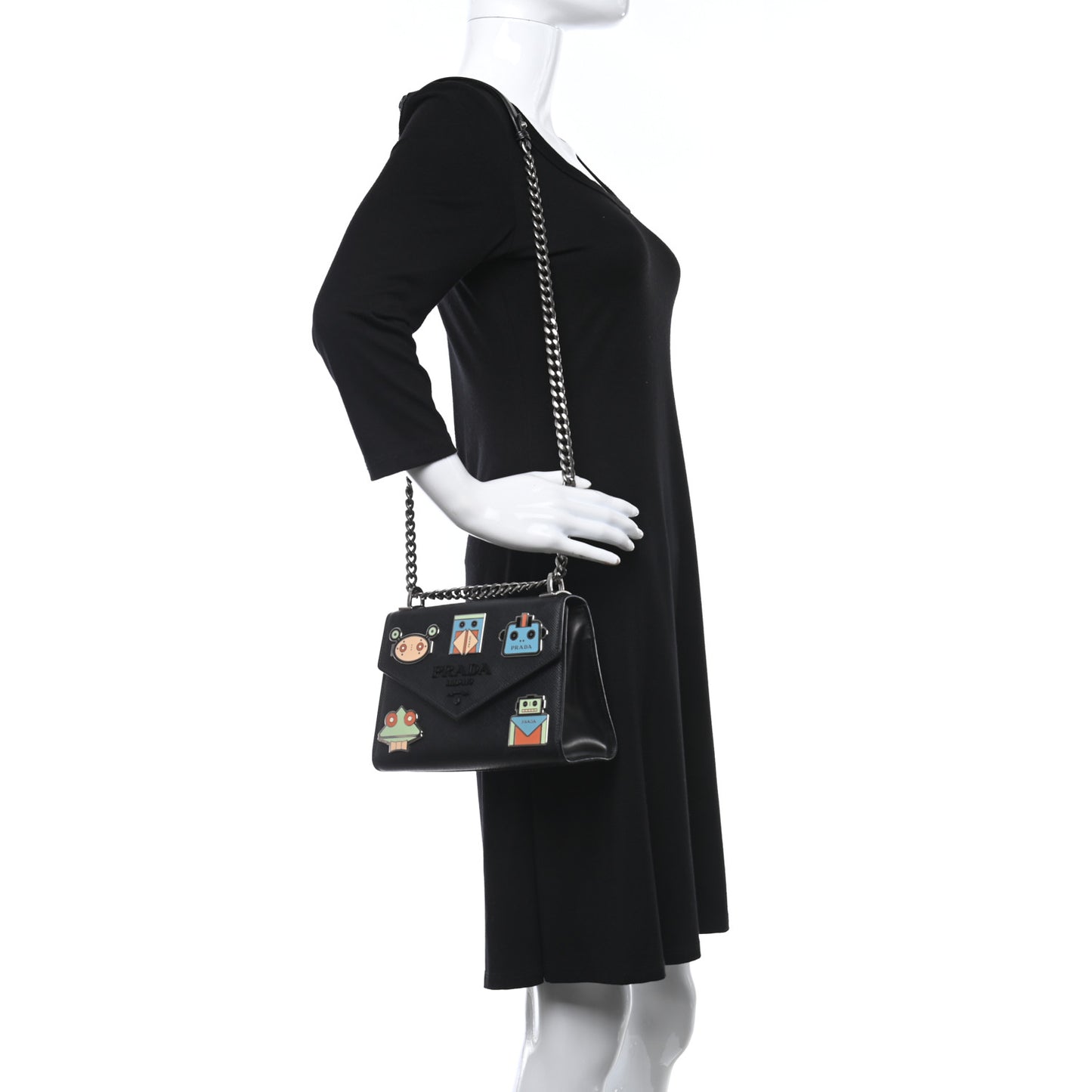 Saffiano Cuir Calfskin Monochrome Robot Patches Envelope Flap Chain Shoulder Bag Black