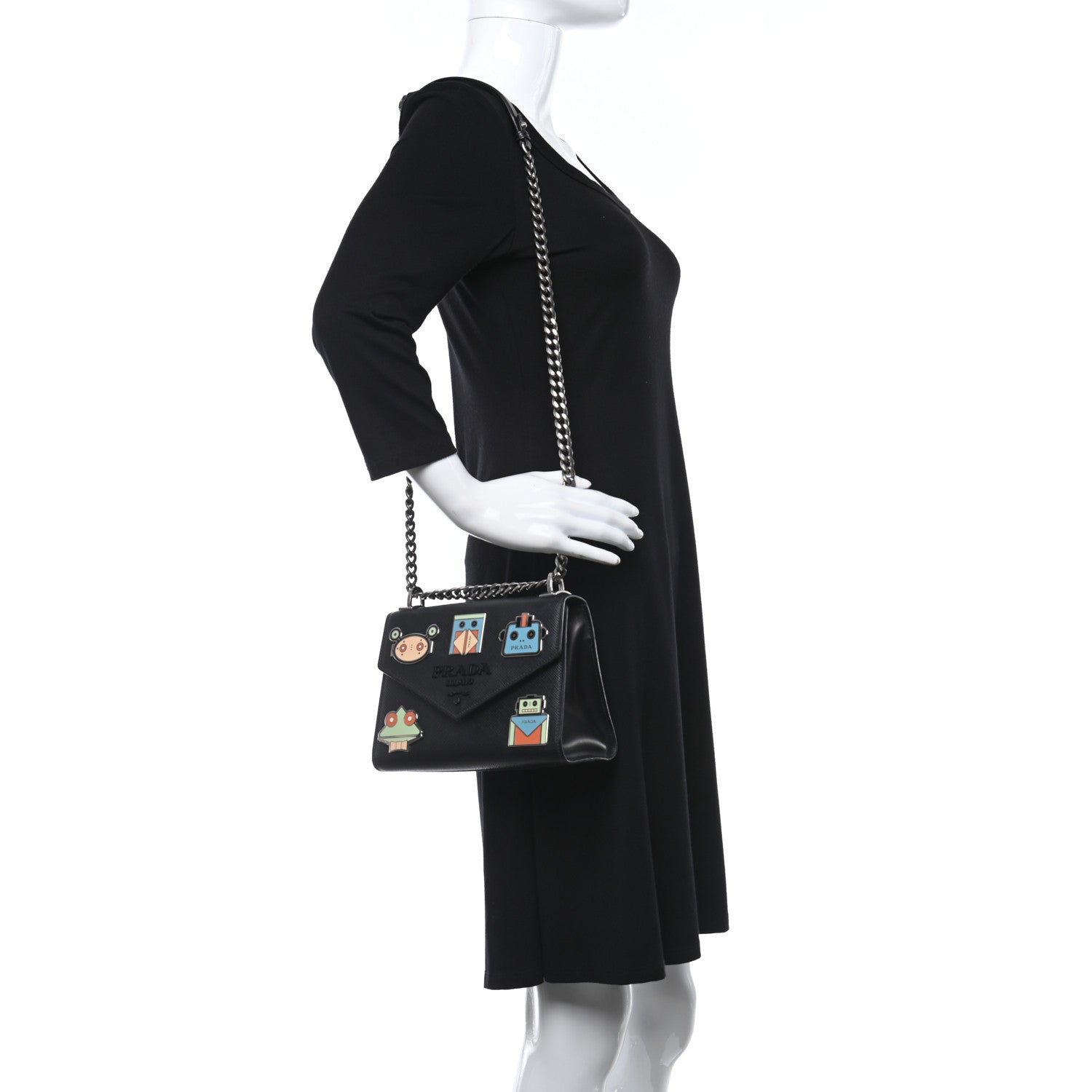 Prada Saffiano Cuir Calfskin Monochrome Robot Patches Envelope Flap Chain Shoulder Bag Black 2 of 8