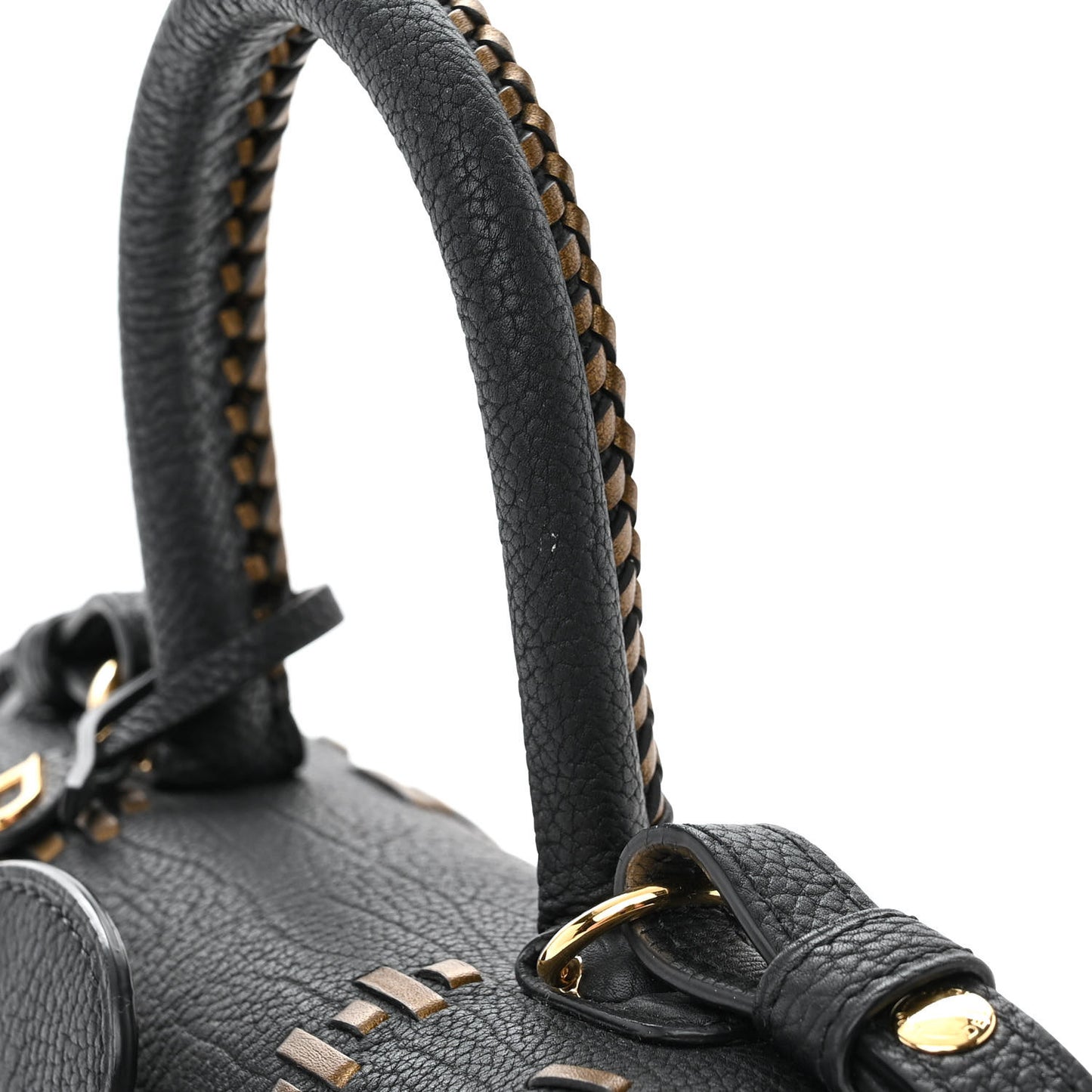Crispy Calfskin Tribal Stitch Mini Brillant Satchel Black Bronze