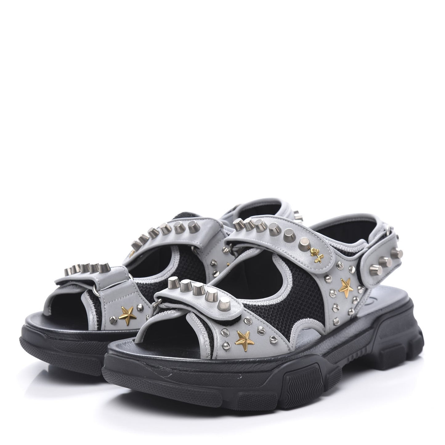 Technical Canvas Calfskin Reflective Studded Mens Aguru Sandals 8 Silver Black