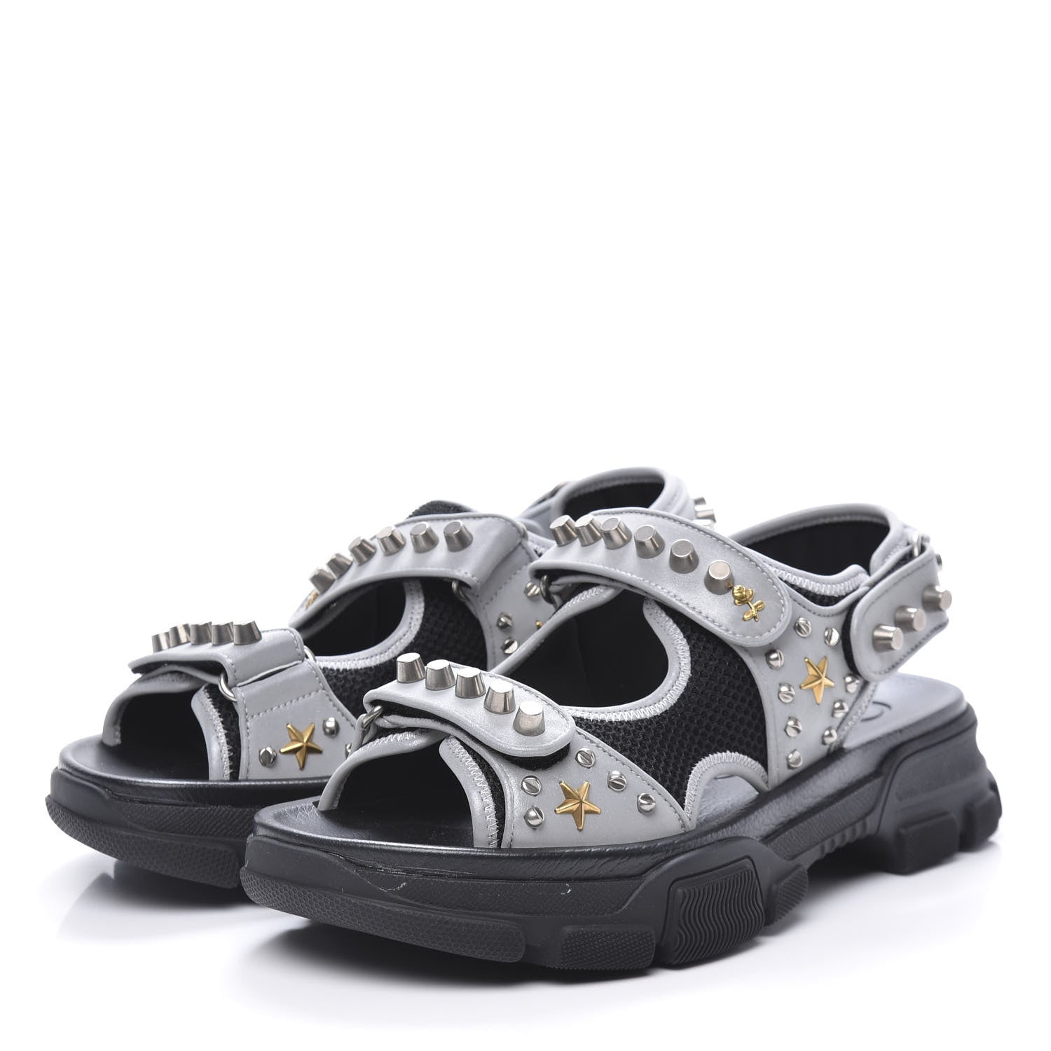Gucci Technical Canvas Calfskin Reflective Studded Mens Aguru Sandals 8 Silver Black 3 of 7
