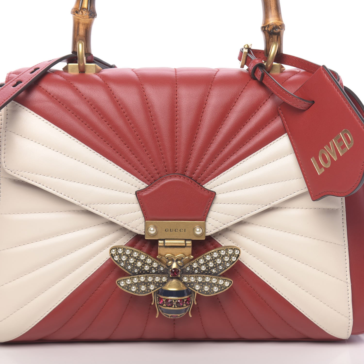Gucci Calfskin Bamboo Trapuntata Queen Margaret Top Handle Bag Mystic White Hibiscus Red 10 of 10